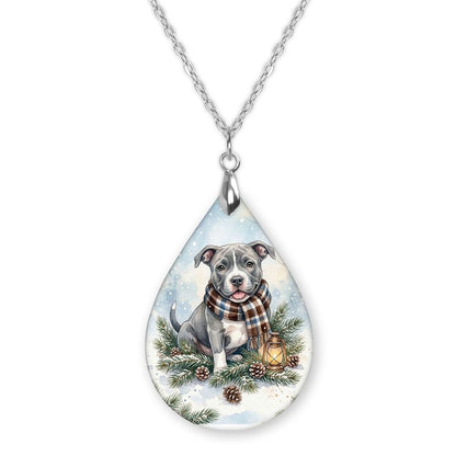 Pitbull Winter Woodland teardrop pendant necklace on a silver-tone chain