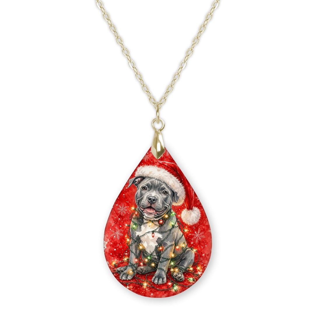 Pitbull Christmas Lights teardrop pendant necklace on a gold-tone chain