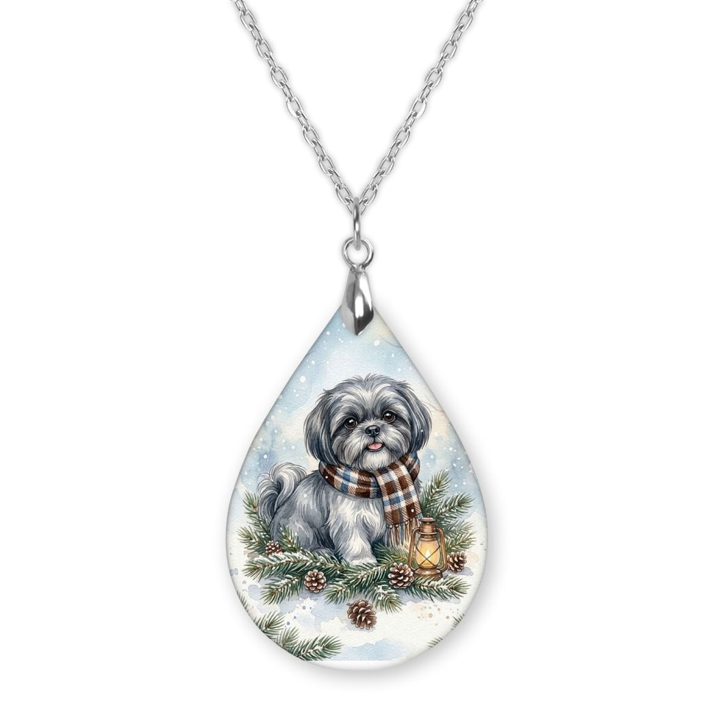 Grey Shih Tzu Winter Woodland teardrop pendant necklace on a silver-tone chain