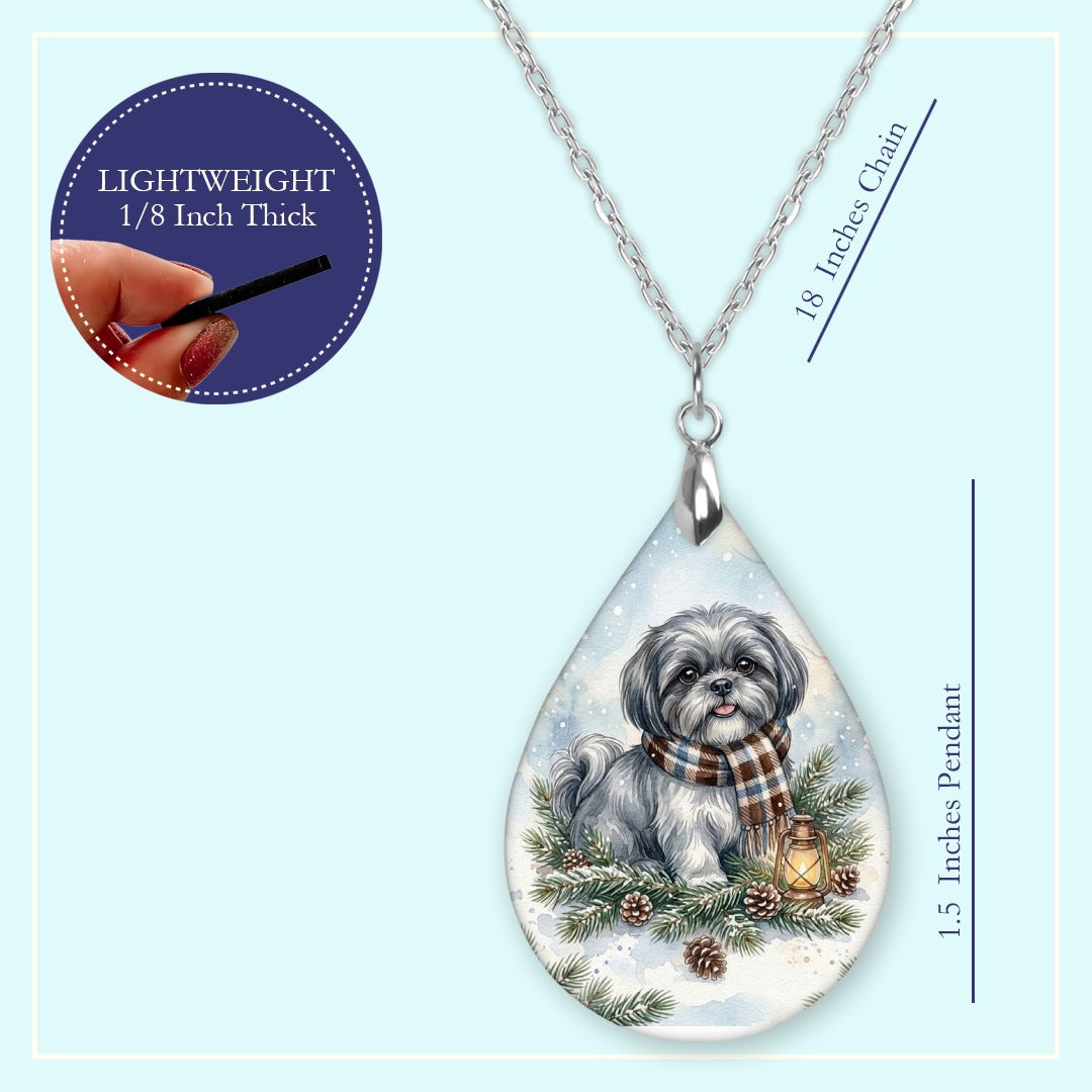 18 inch chain length guide for the Grey Shih Tzu Winter Woodland teardrop pendant necklace