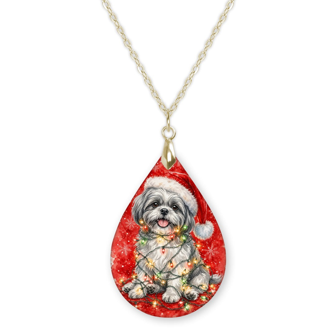 Grey Shih Tzu Christmas Lights teardrop pendant necklace on a gold-tone chain