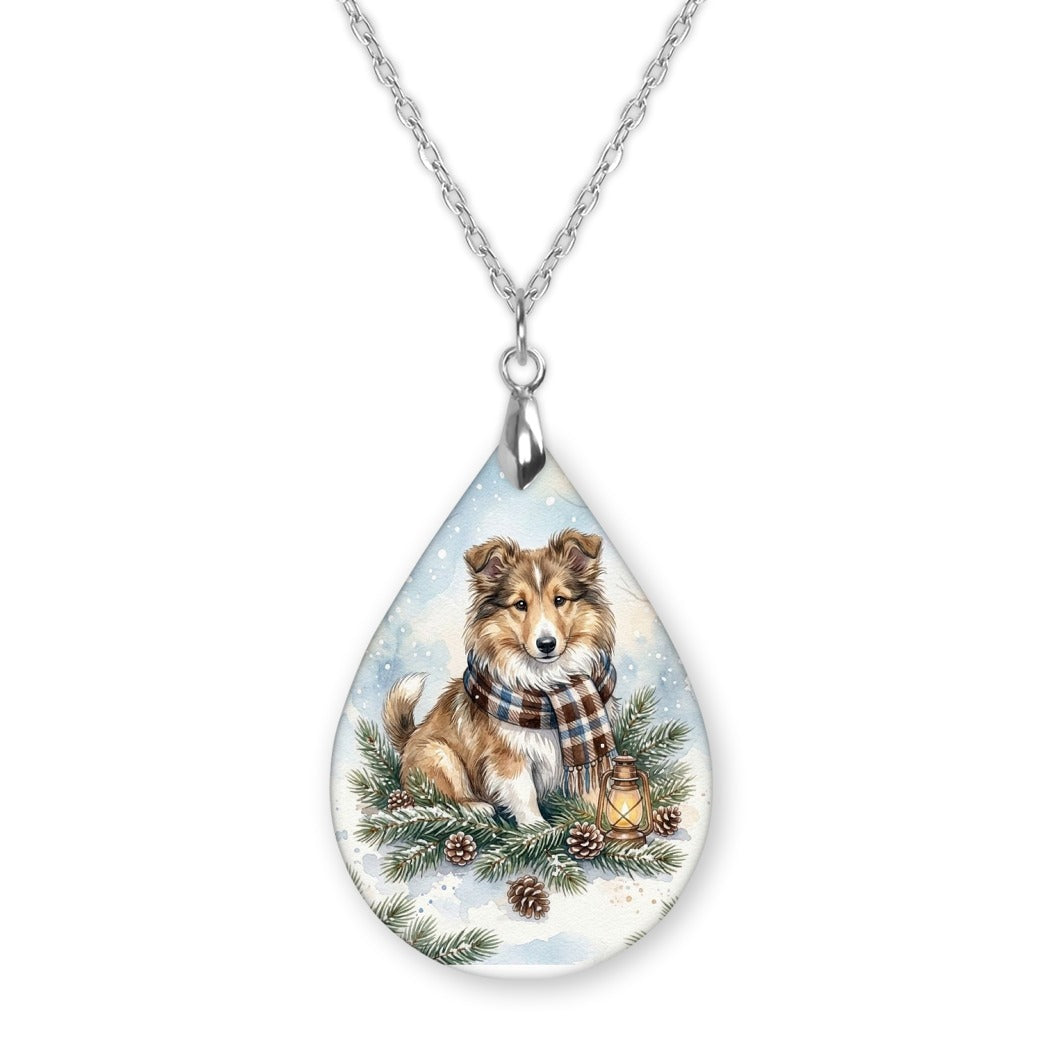Collie Winter Woodland teardrop pendant necklace on a silver-tone chain