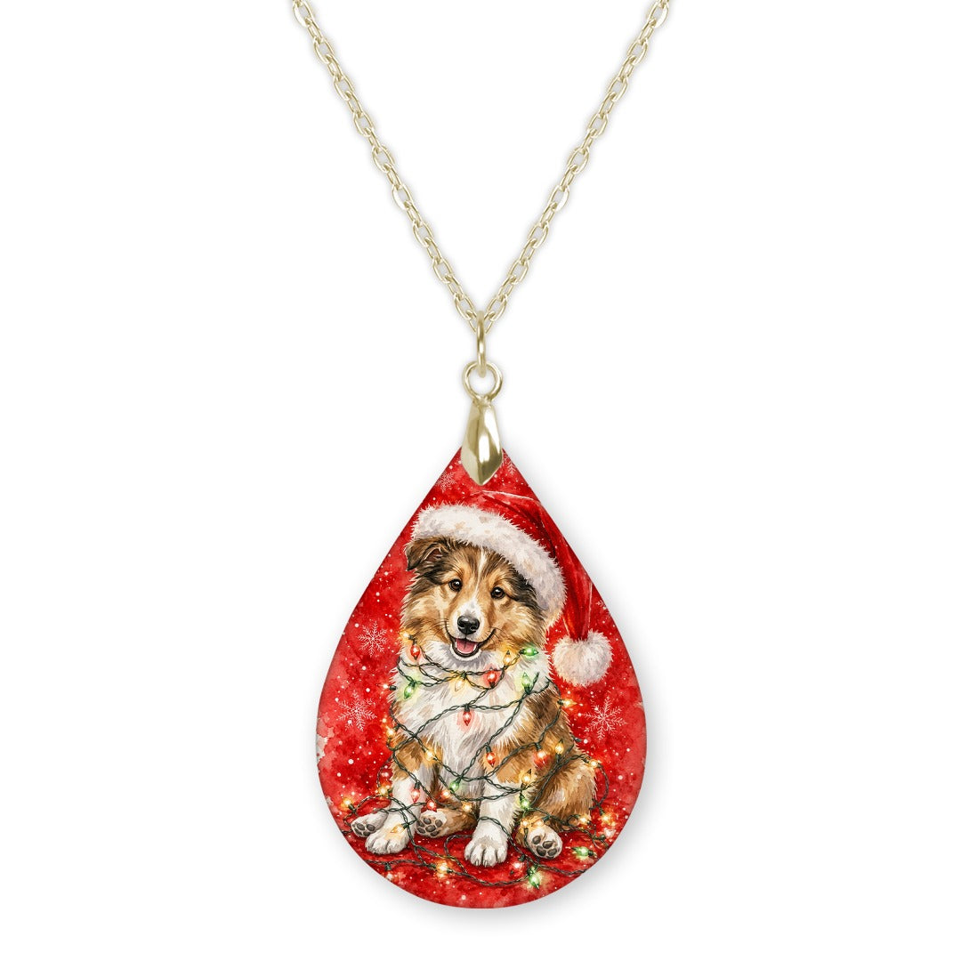 Collie Christmas Lights teardrop pendant necklace on a gold-tone chain