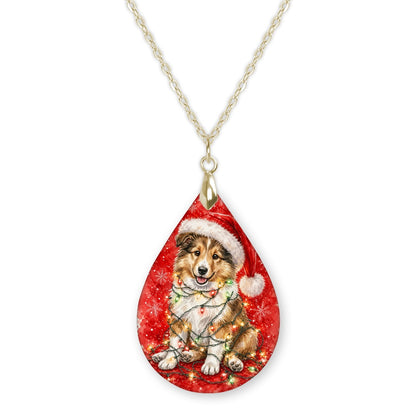 Collie Christmas Lights teardrop pendant necklace on a gold-tone chain