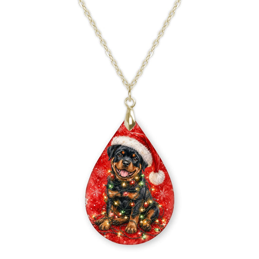 Rottweiler Christmas Lights teardrop pendant necklace on a gold-tone chain
