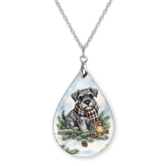 Schnauzer Winter Woodland teardrop pendant necklace on a silver-tone chain
