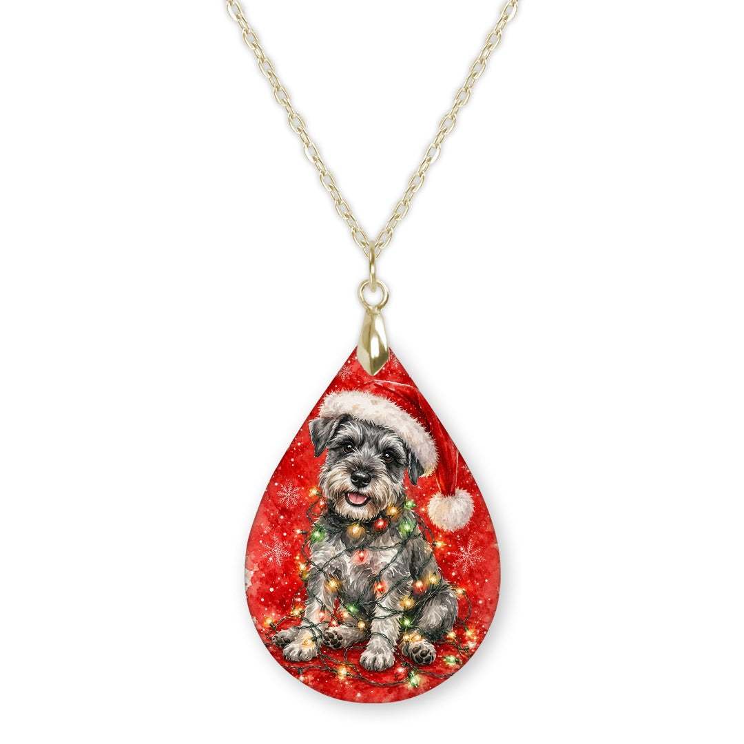 Schnauzer Christmas Lights teardrop pendant necklace on a gold-tone chain