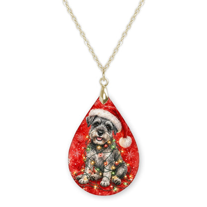Schnauzer Christmas Lights teardrop pendant necklace on a gold-tone chain