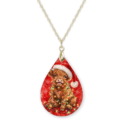 Highland Cow Christmas Lights teardrop pendant necklace on a gold-tone chain