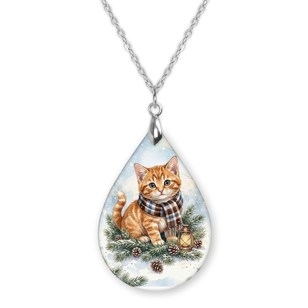 Tabby Cat Winter Woodland teardrop pendant necklace on a silver-tone chain