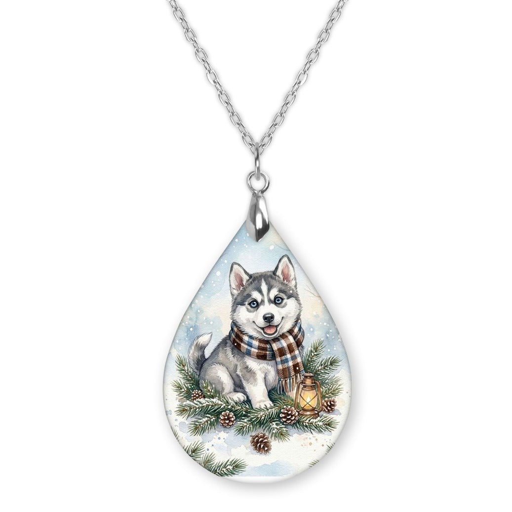 Husky Winter Woodland teardrop pendant necklace on a silver-tone chain