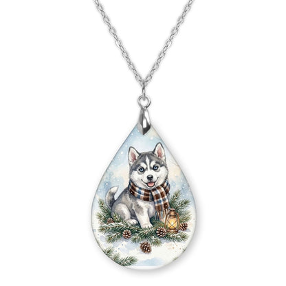 Husky Winter Woodland teardrop pendant necklace on a silver-tone chain