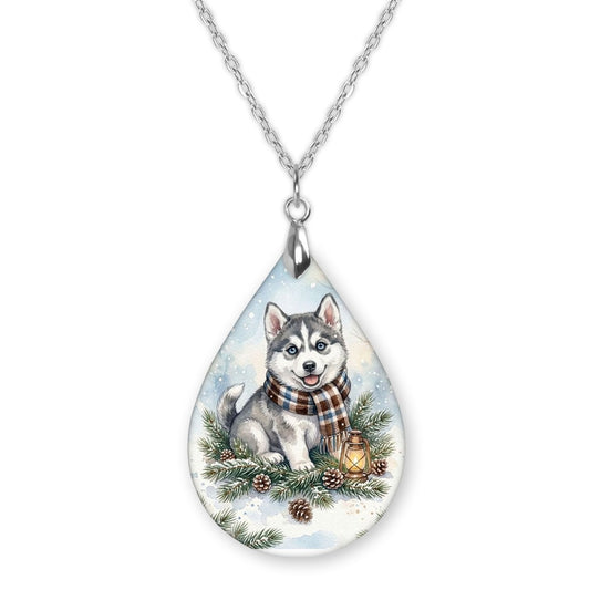 Husky Winter Woodland teardrop pendant necklace on a silver-tone chain