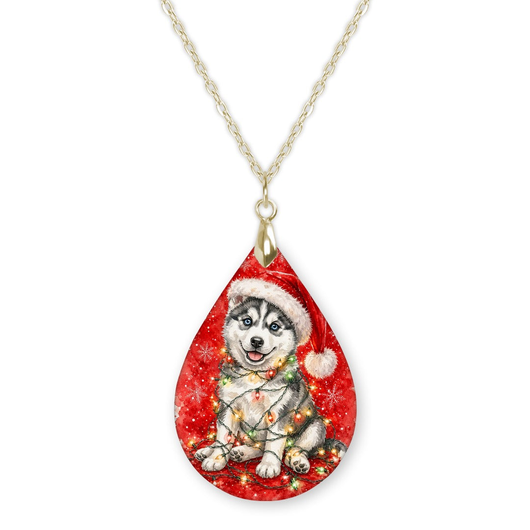 Husky Christmas Lights teardrop pendant necklace on a gold-tone chain