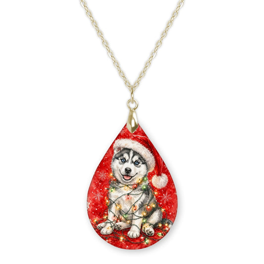 Husky Christmas Lights teardrop pendant necklace on a gold-tone chain