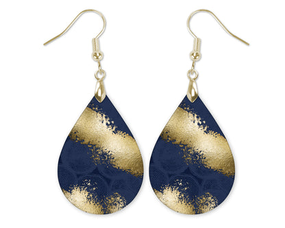 Navy Gold Abstract Dangle Teardrop Earrings