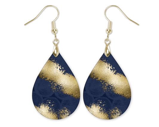 Navy Gold Abstract Dangle Teardrop Earrings