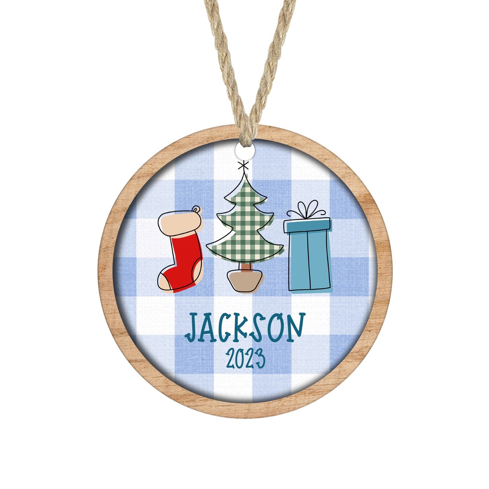 Blue plaid baby's first Christmas ornament with name and year