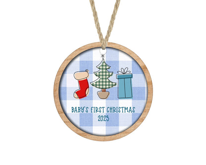 Blue plaid Baby's First Christmas ornament