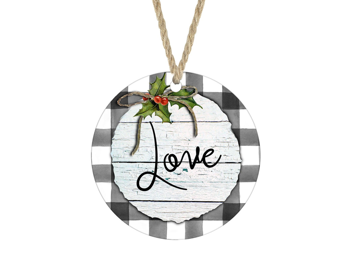 Love buffalo plaid farmhouse Christmas ornament