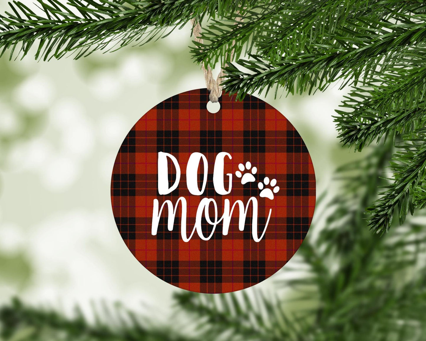 Dog Mom red buffalo plaid Christmas ornament