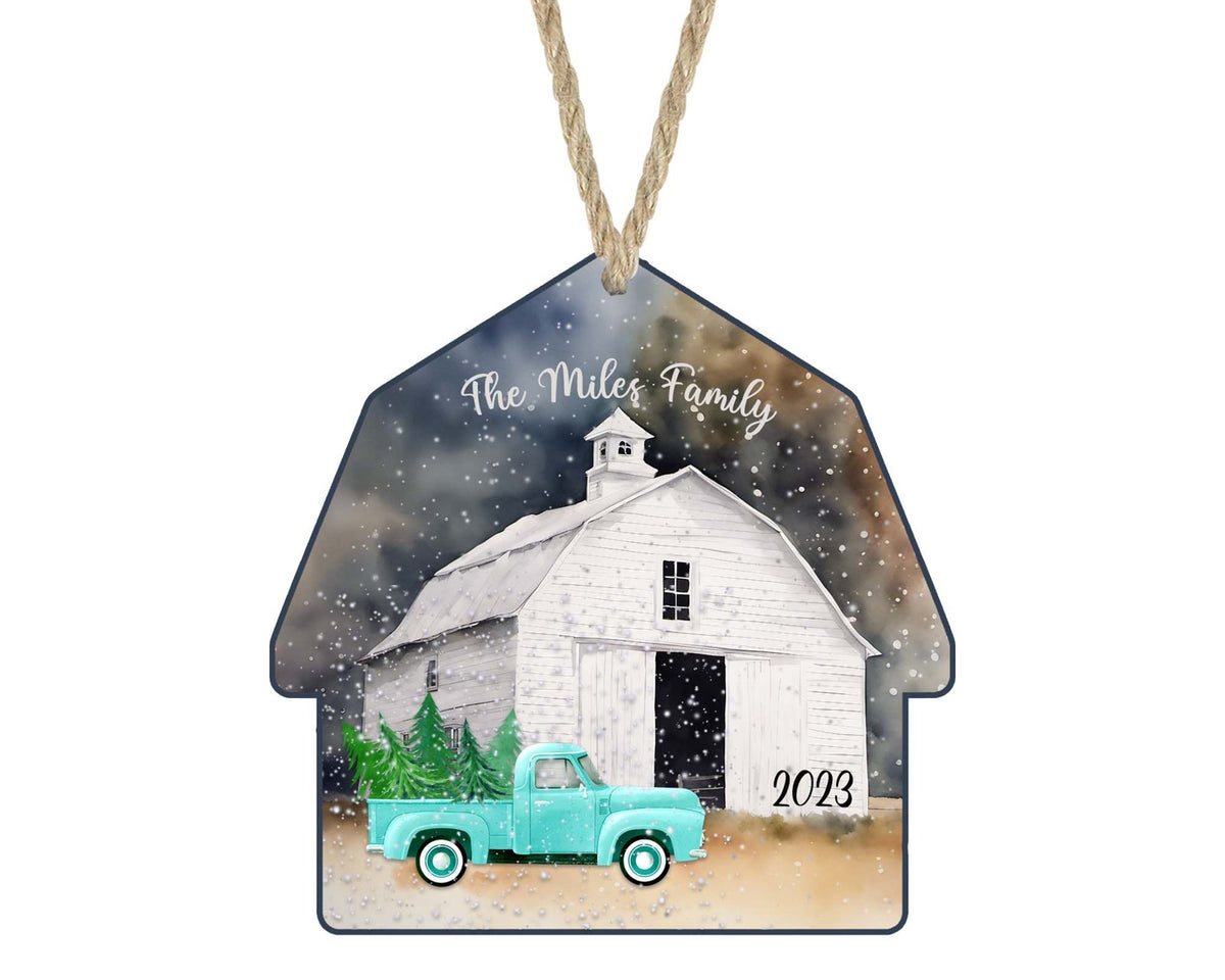Personalized barn and blue truck family name Christmas ornament