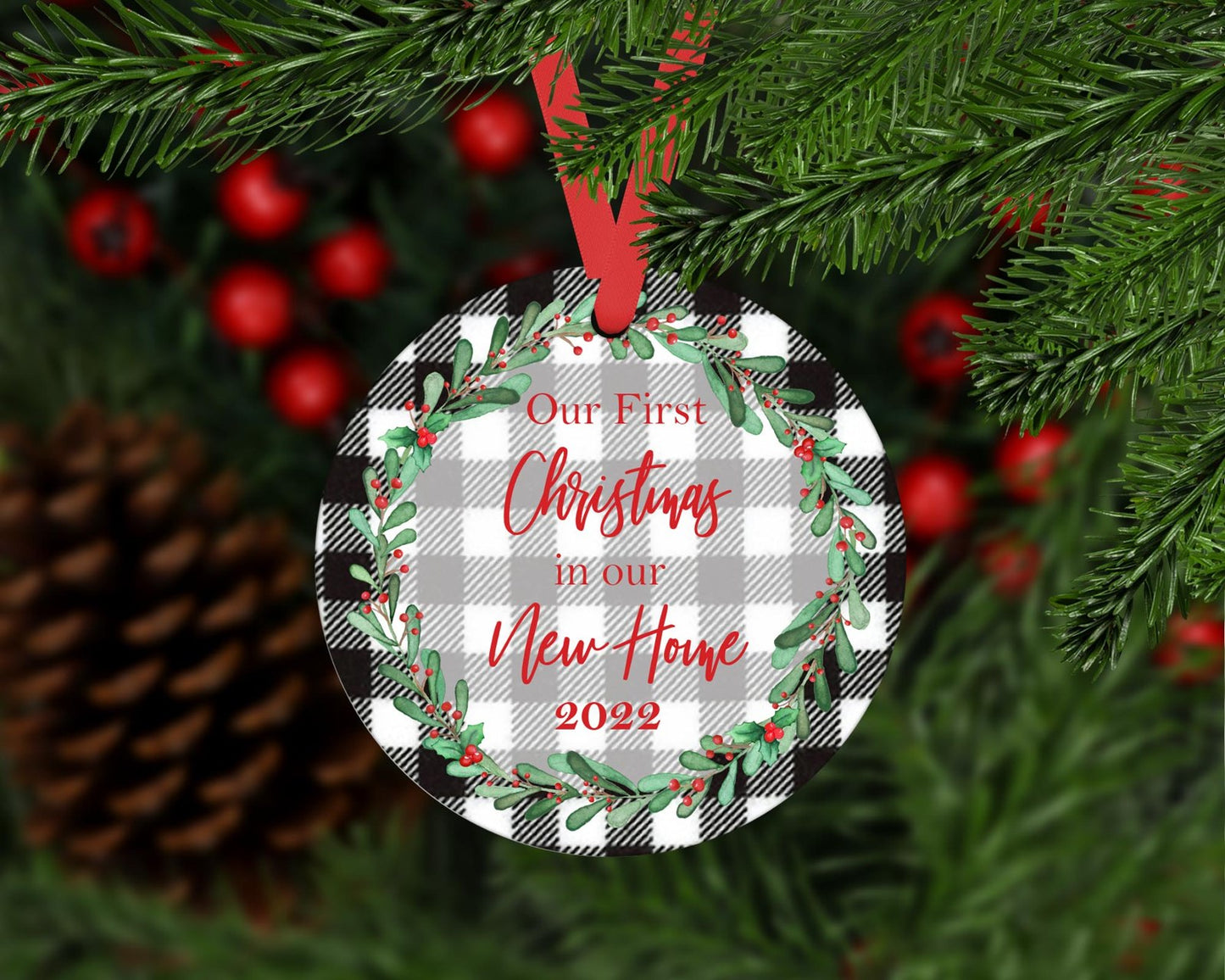 First Christmas in Our New Home plaid wreath ornament