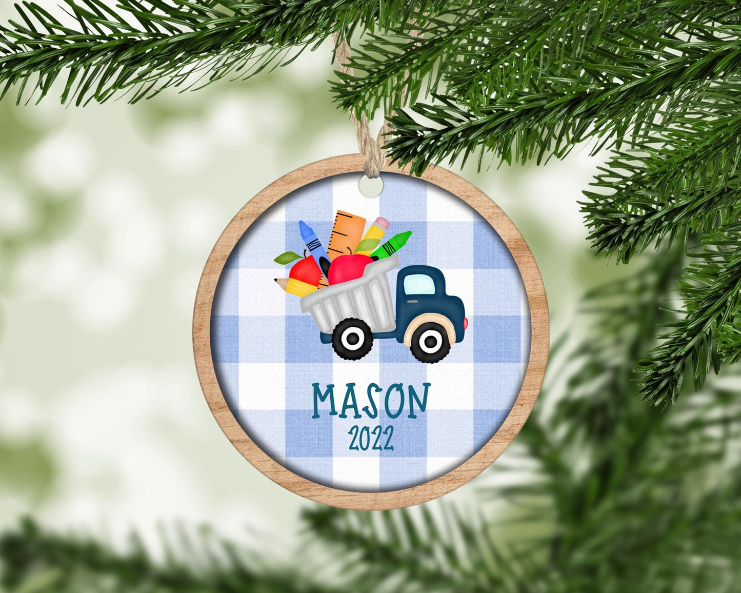 Personalized school supplies truck Christmas ornament