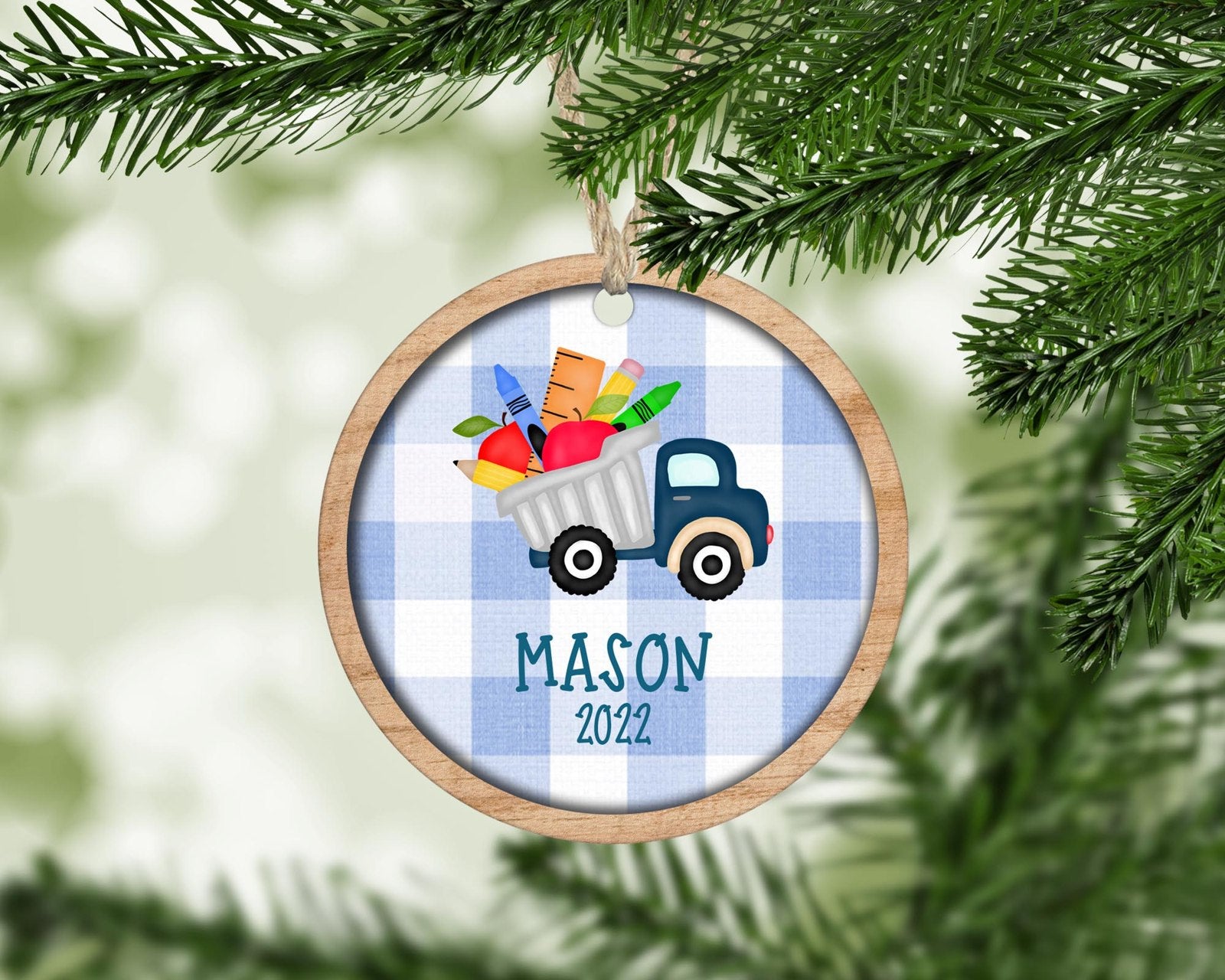 Personalized school supplies truck Christmas ornament