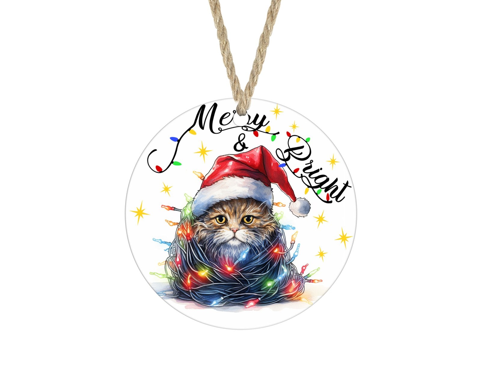 Merry and Bright cat with Christmas lights ornament
