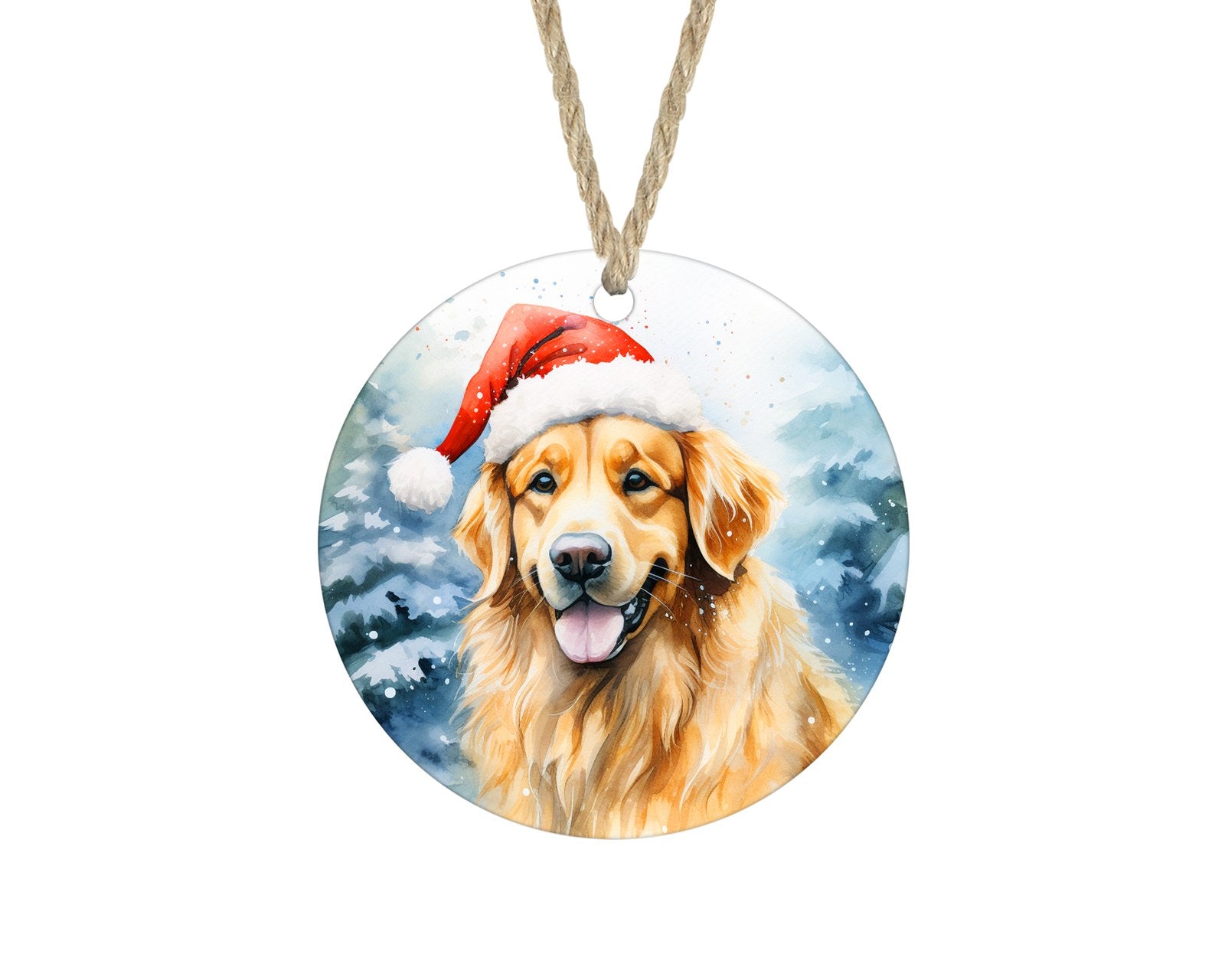 Golden retriever in Santa hat watercolor Christmas ornament