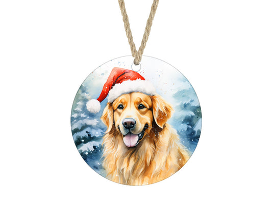Golden retriever in Santa hat watercolor Christmas ornament