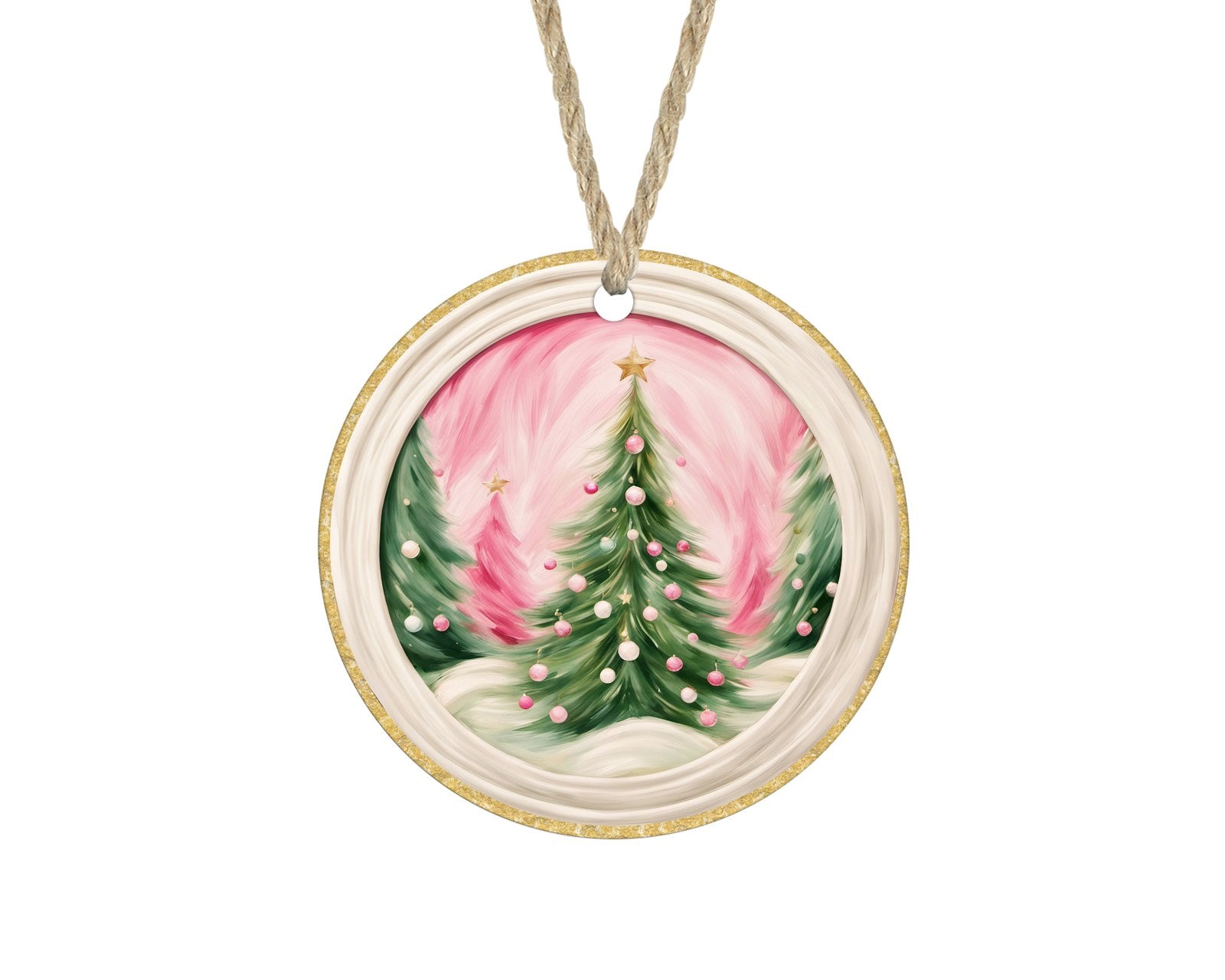 Pastel green Christmas tree on pink sky ornament