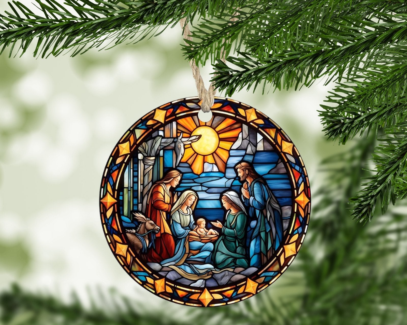 Nativity stained glass Christmas ornament