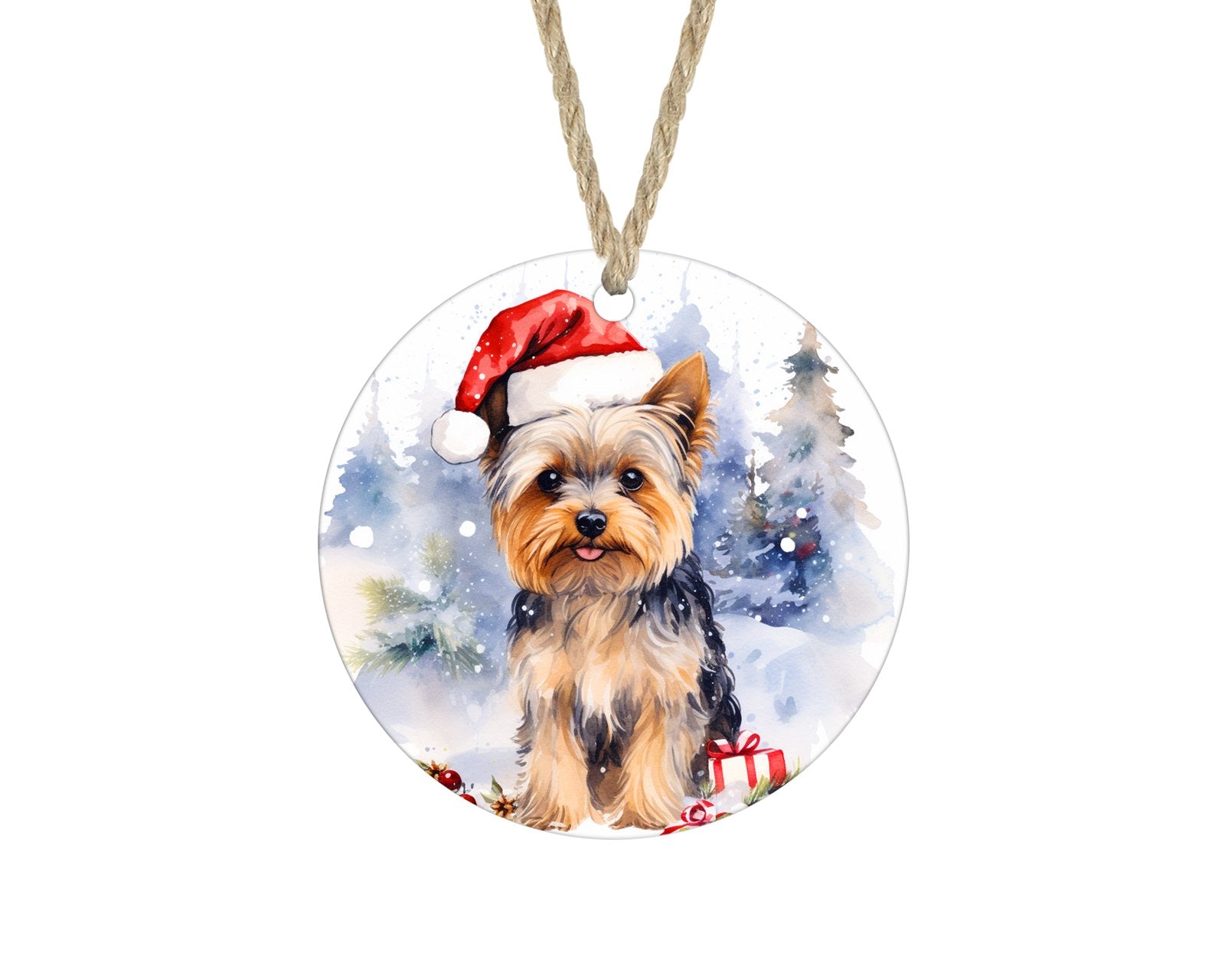Yorkshire terrier in Santa hat watercolor Christmas ornament