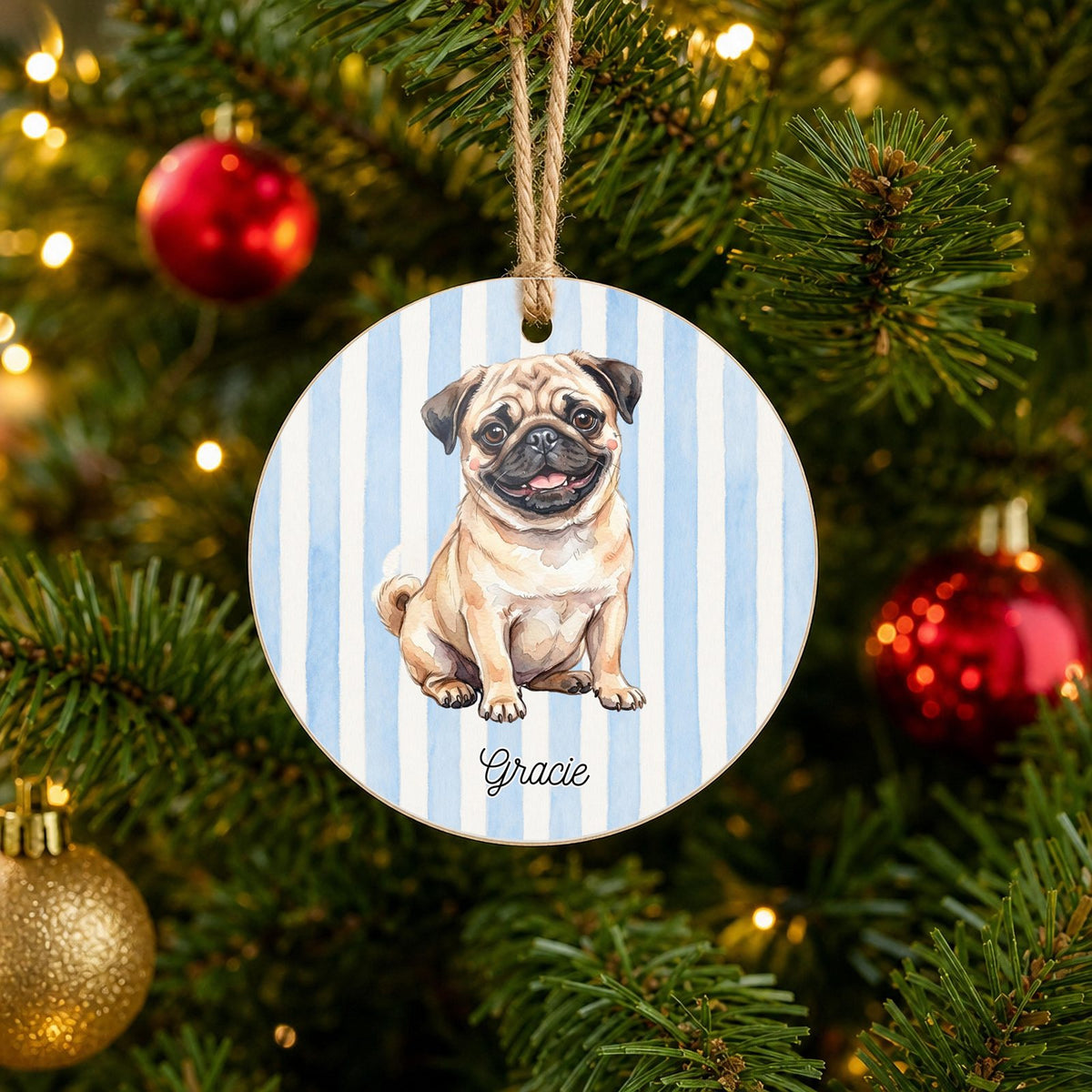 Personalized Fawn Pug Christmas ornament with custom name hanging on a Christmas tree
