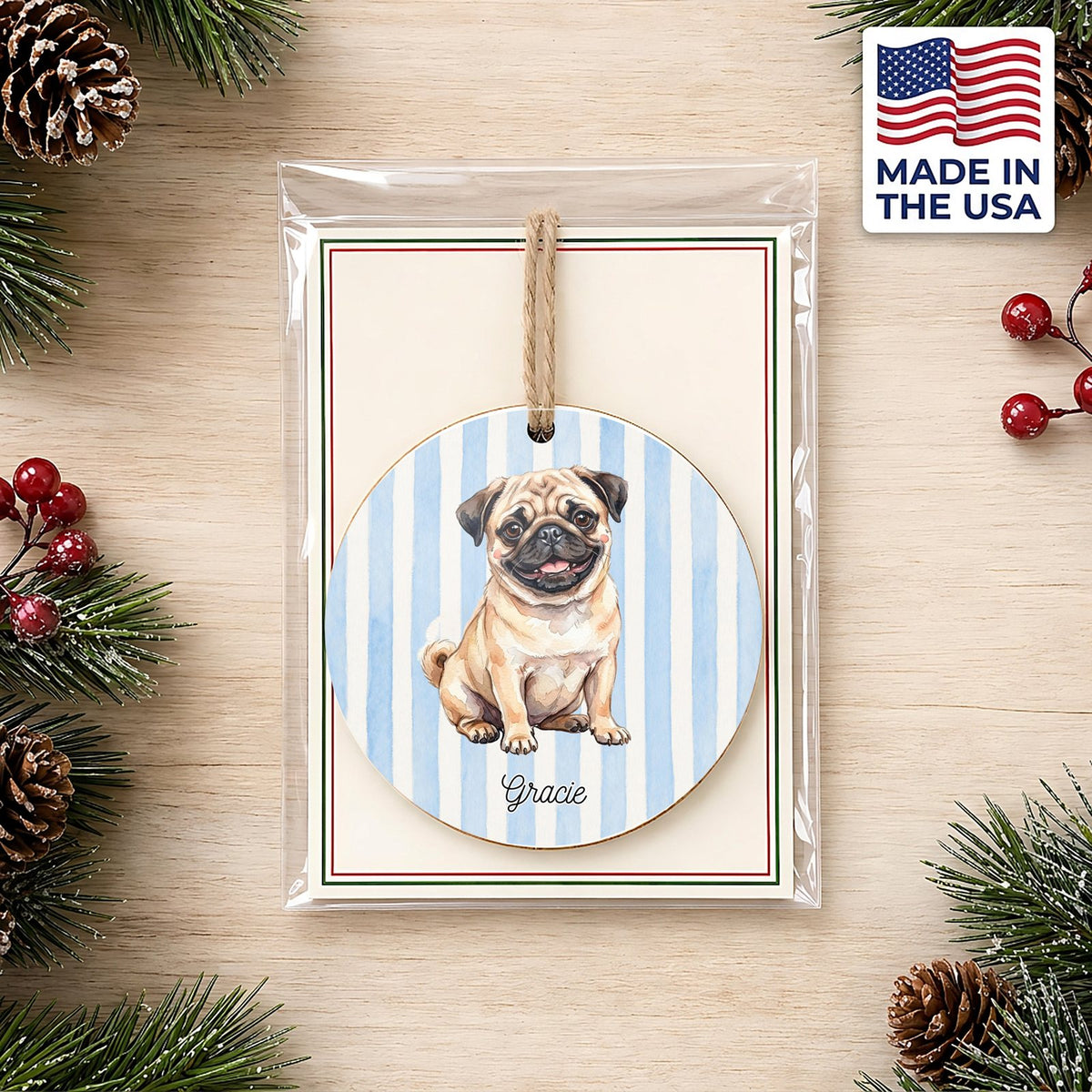 Personalized Fawn Pug ornament on a holiday backer card, made in the USA