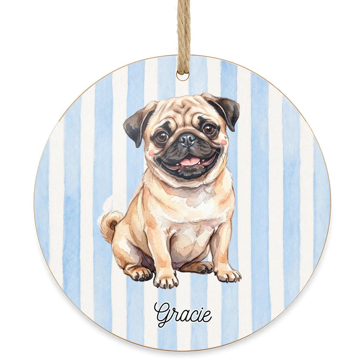 Personalized Fawn Pug dog ornament on a white background