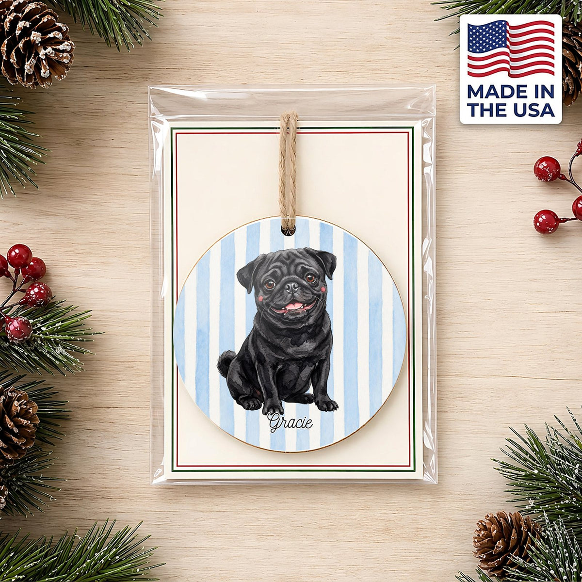 Personalized Black Pug ornament on a holiday backer card, made in the USA