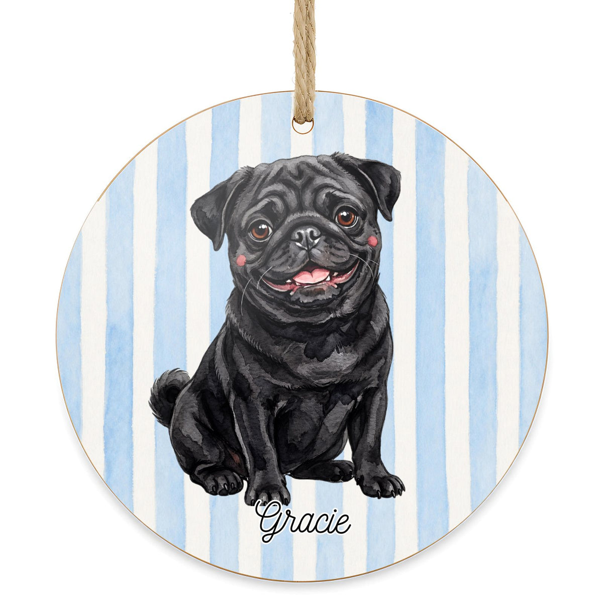 Personalized Black Pug dog ornament on a white background