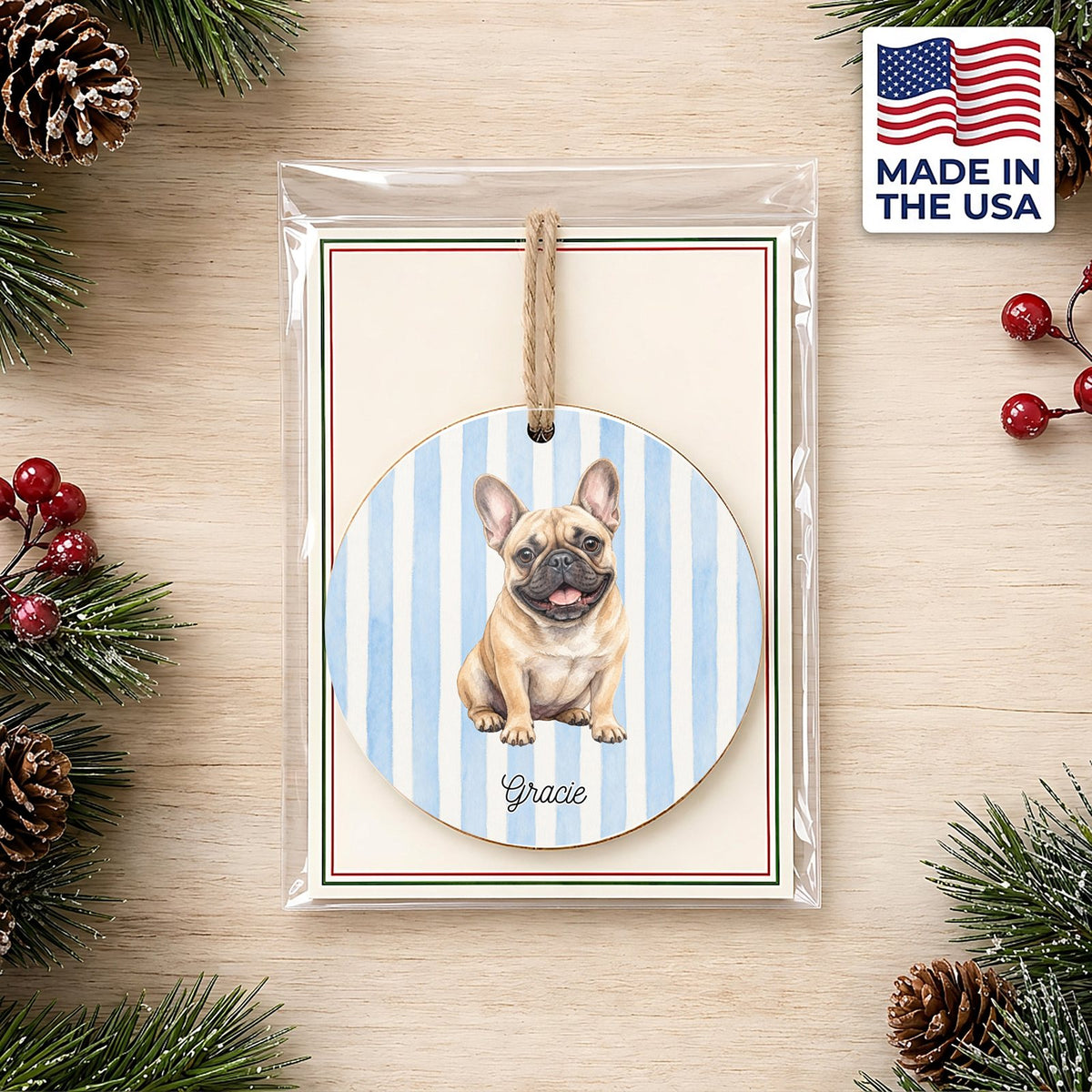 Personalized French Bulldog ornament on a holiday backer card, made in the USA