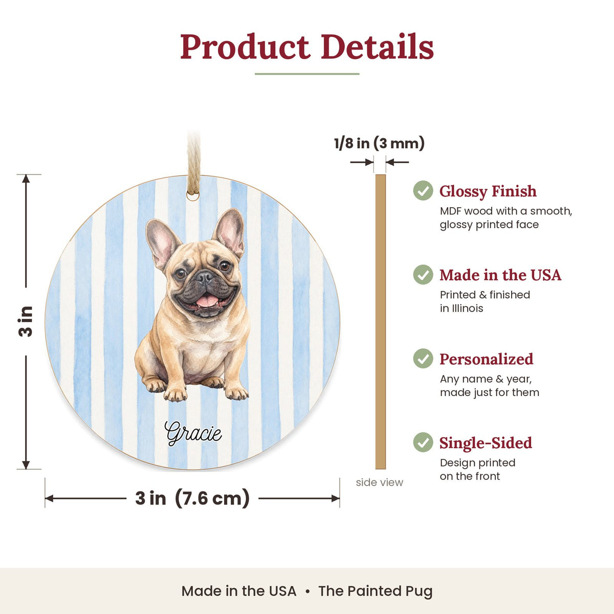3 inch round MDF wood French Bulldog ornament size and features