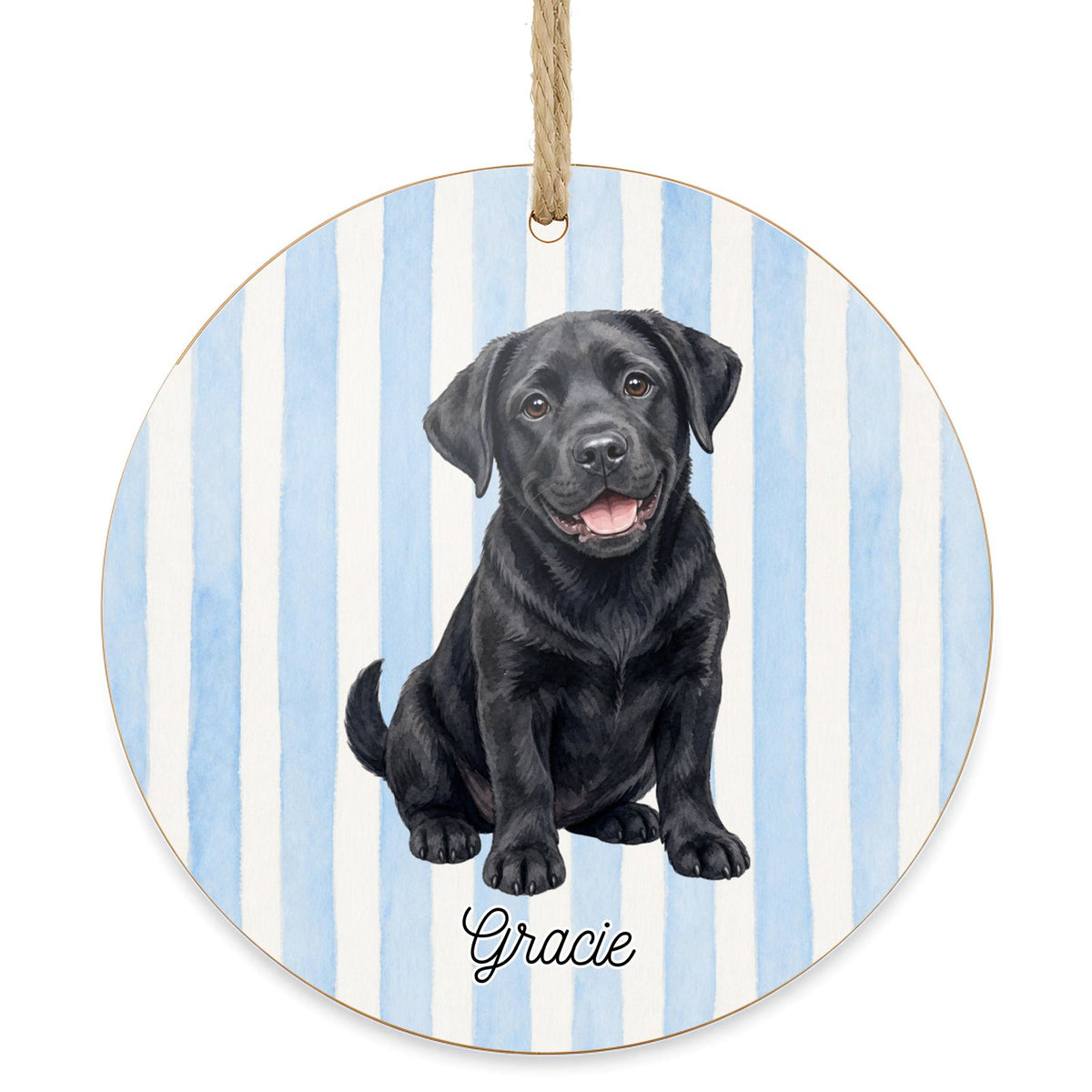 Personalized Black Lab dog ornament on a white background