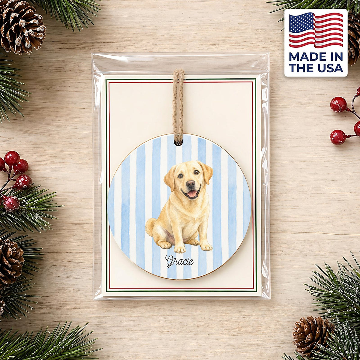 Personalized Yellow Lab ornament on a holiday backer card, made in the USA