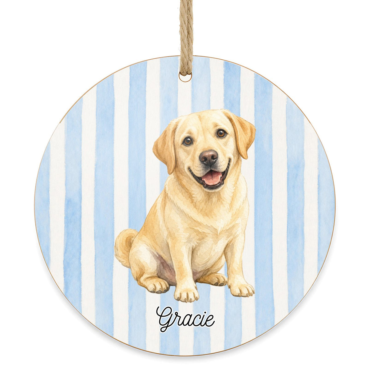 Personalized Yellow Lab dog ornament on a white background