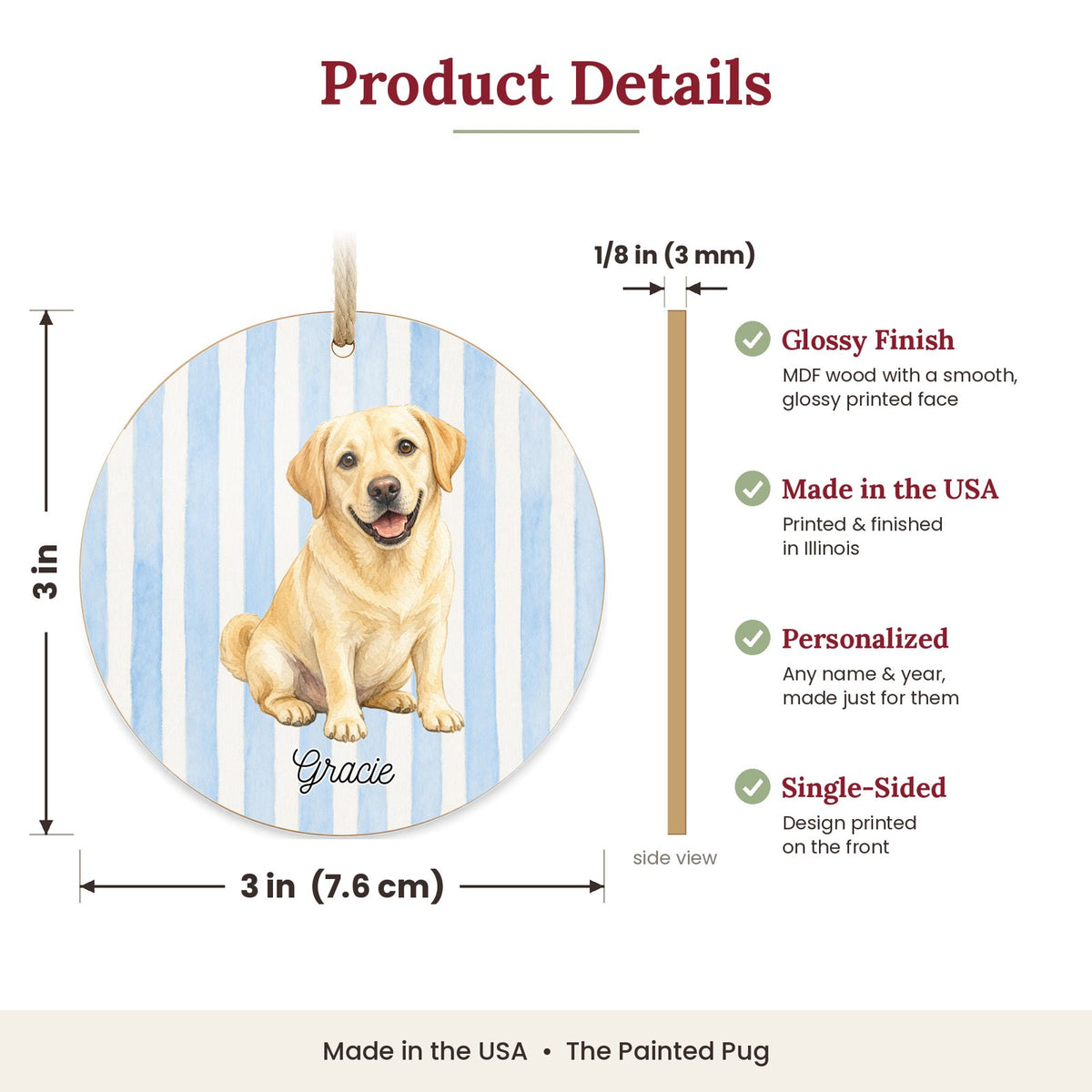 3 inch round MDF wood Yellow Lab ornament size and features