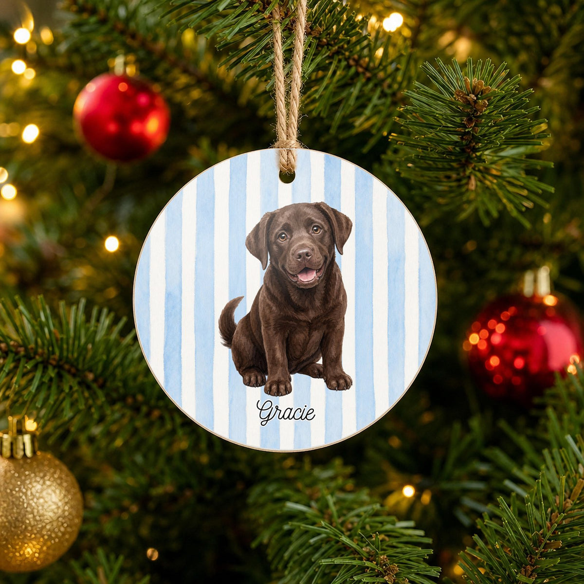 Personalized Chocolate Lab Christmas ornament with custom name hanging on a Christmas tree