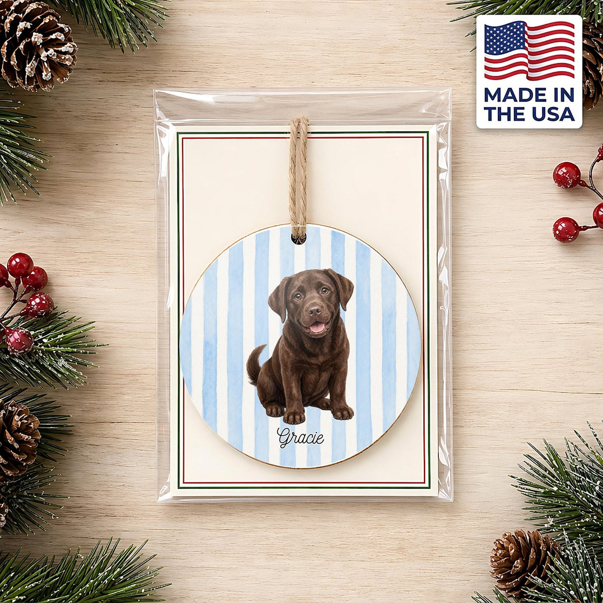 Personalized Chocolate Lab ornament on a holiday backer card, made in the USA
