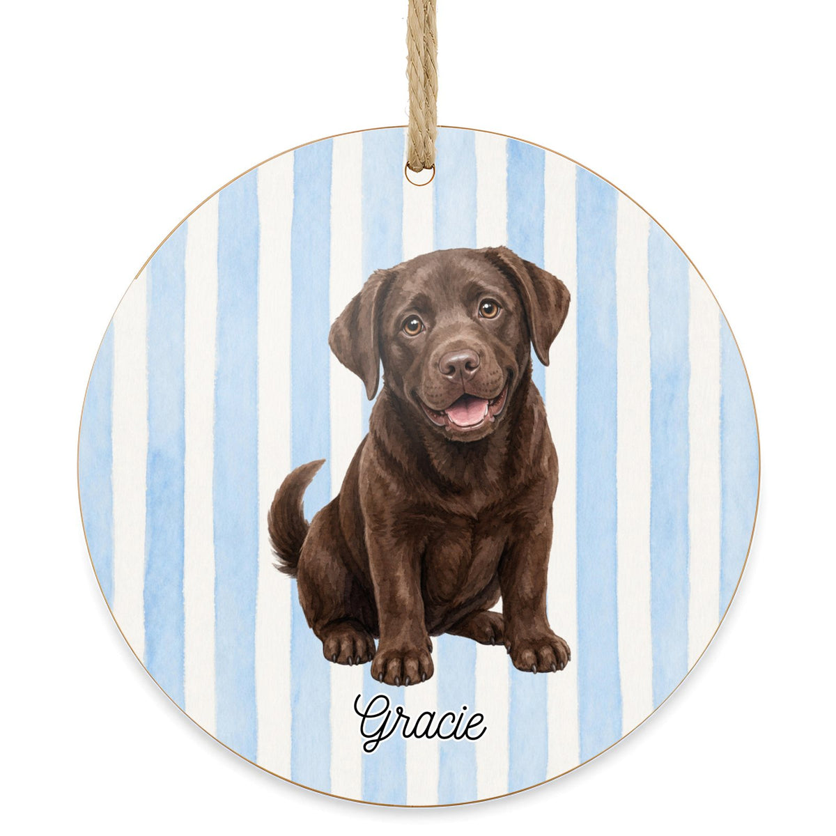 Personalized Chocolate Lab dog ornament on a white background