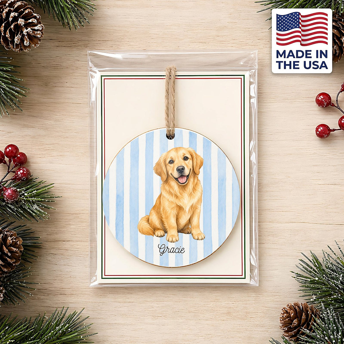 Personalized Golden Retriever ornament on a holiday backer card, made in the USA